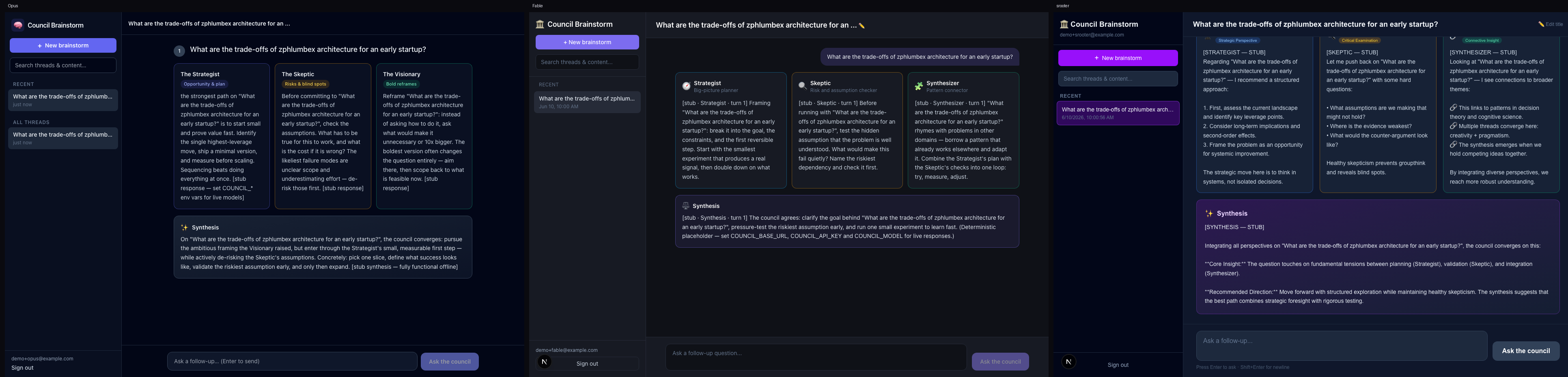 The same council-brainstorm app built three ways — Claude Opus 4.8, Claude Fable-5, and srooter governed routing — shown side by side