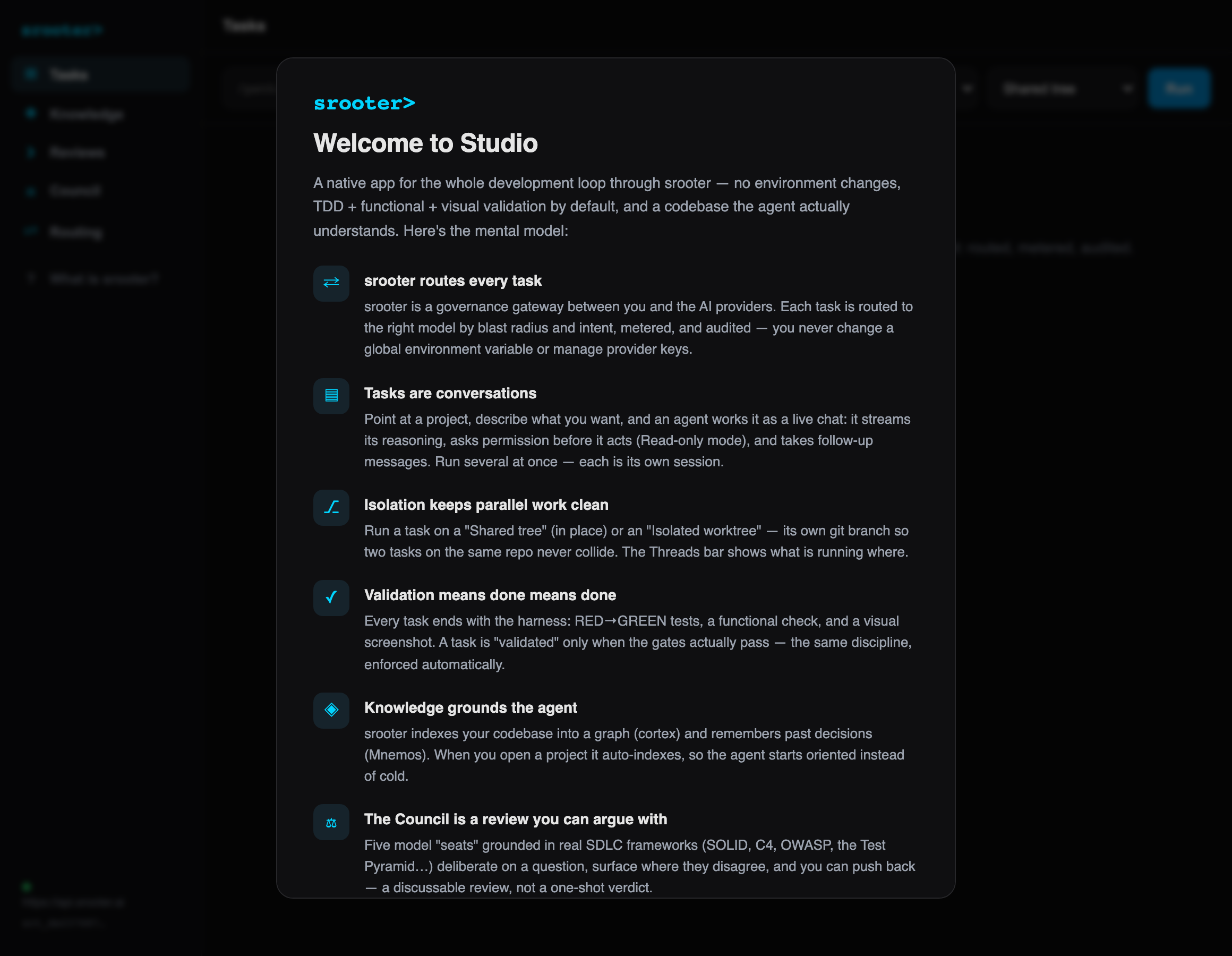 srooter Studio welcome — the mental model